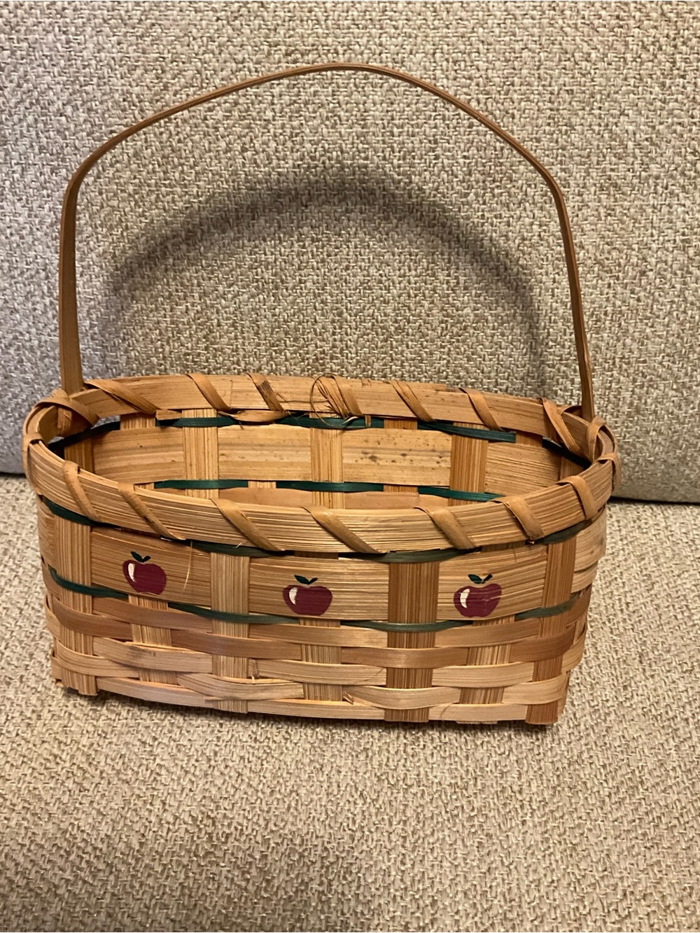 Handwoven Tan Basket with Stenciled Red Apple Design